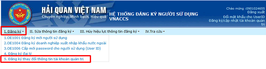 Chọn mục đăng ký thay đổi thông tin tài khoản quản trị trên hệ thống hải quan VNACCS